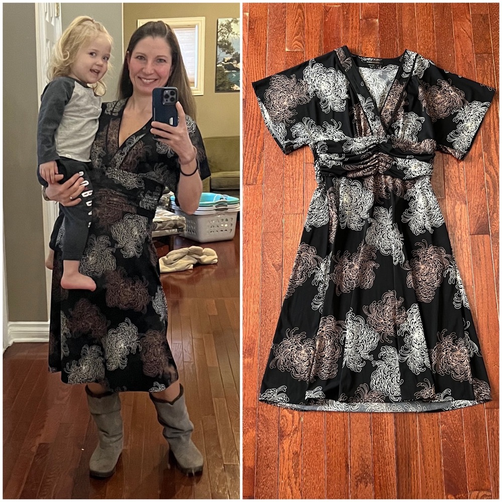 BCBGMaxAzria Black Floral Kimono Wrap Midi Dress - size Small